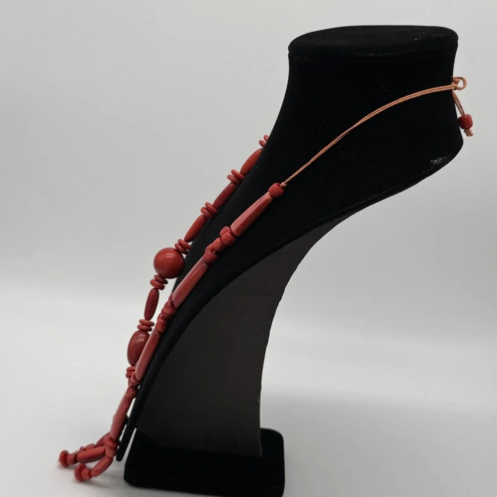 Vtg 1980s Chunky Red Asymmetrical Statement Necklace Artsy Resin Fringe 16